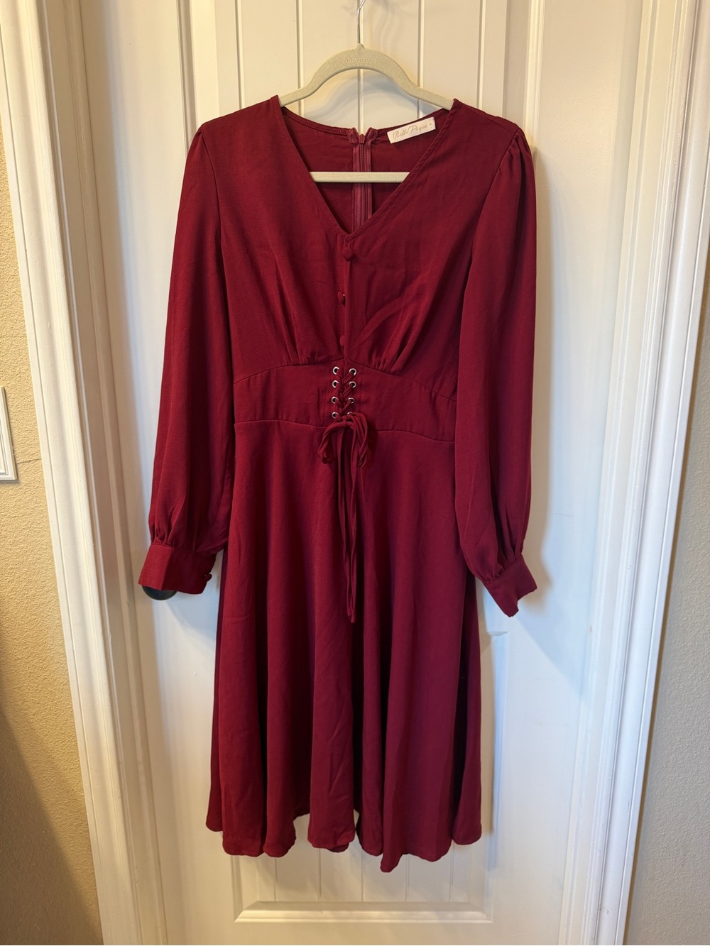 Wine Red Long Sleeve Fit & Flare Midi Dress - Corset-Style Tie Waist